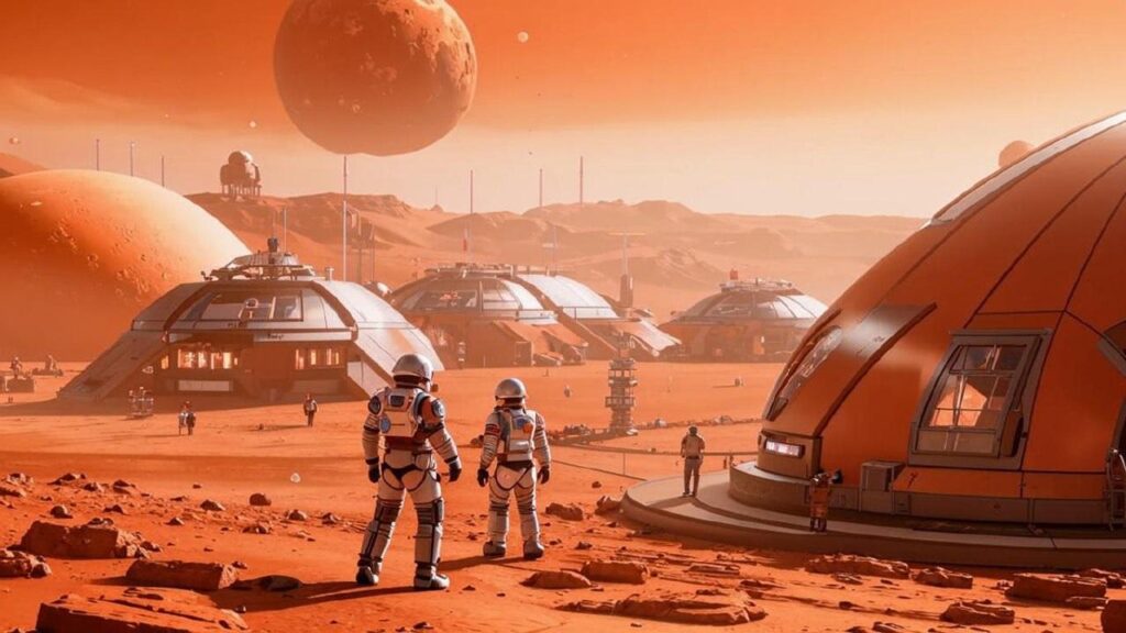 Astronaut standing on the surface of Mars beside a futuristic habitat and spacecraft, symbolizing NASA's first human mission to the Red Planet.