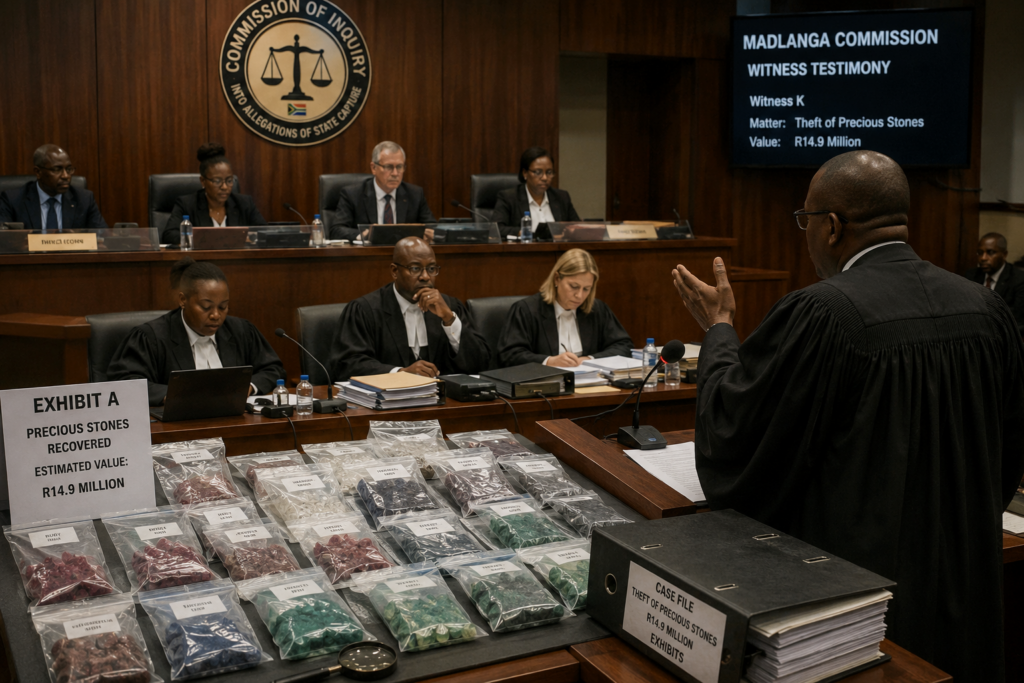 Courtroom scene with gemstone evidence and legal proceedings